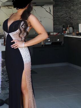 Jovani Black and Nude Beaded Side-Slit Prom Gown